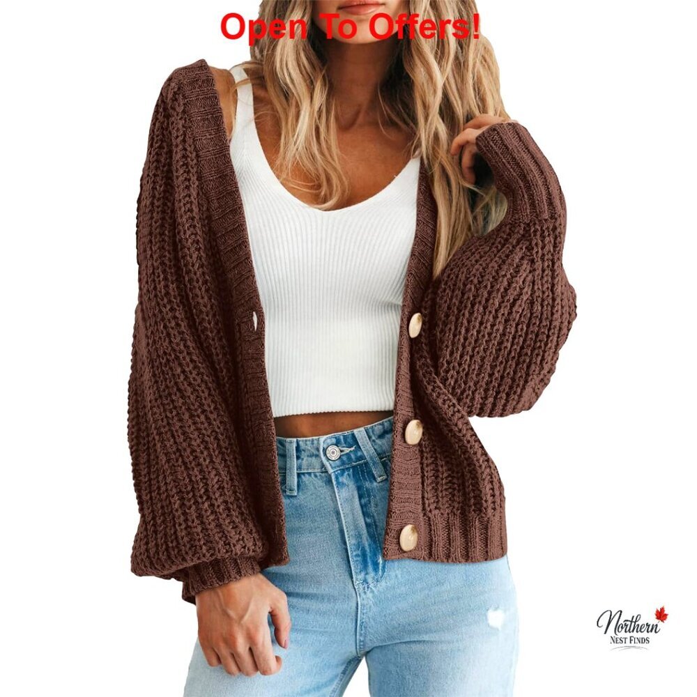 Chunky Knit Open Front Cardigan Sweater Long Sleeve Loose Fit Button